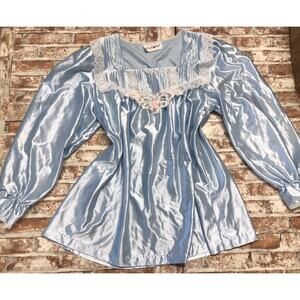 VTG Sears Apostrophe Blue Pajama Top Large Cottagecore Floral Lace Trim Sz L/36